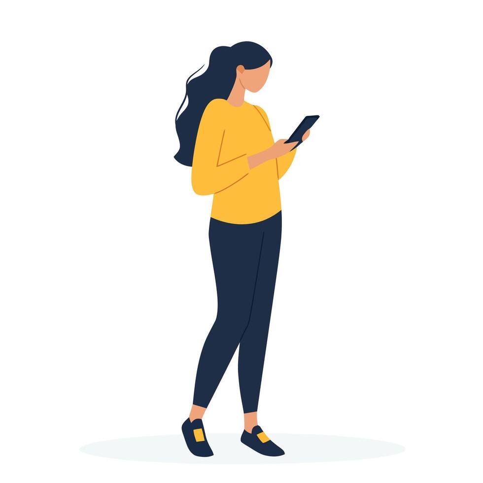 Woman with Focused Look on Phone Screen vector