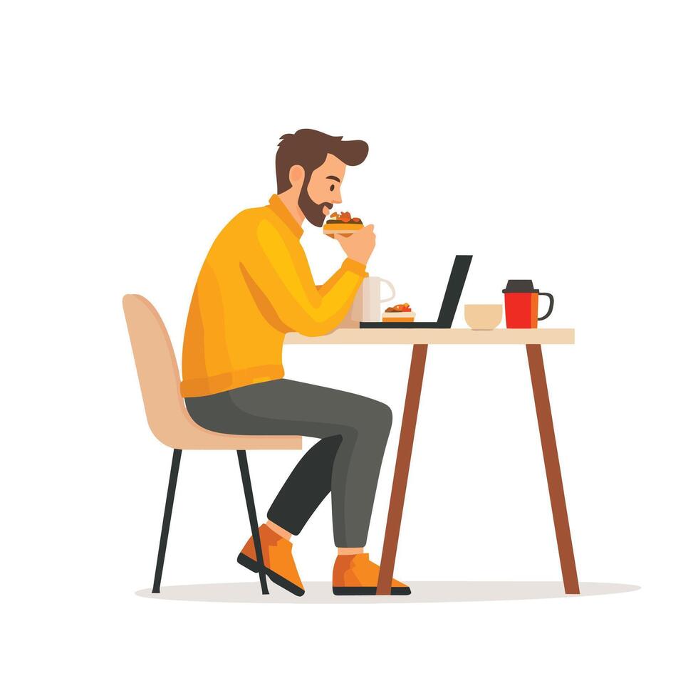 Man Focused on Work While Enjoying Meal and Drink vector
