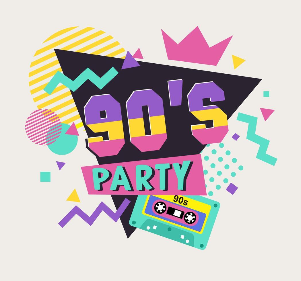 90s disco party poster. Nineties music hits, 90s dance night invitation and set of retro stereo tape style illustrations. Stereo poster and flyer 90s, dance music trend vector