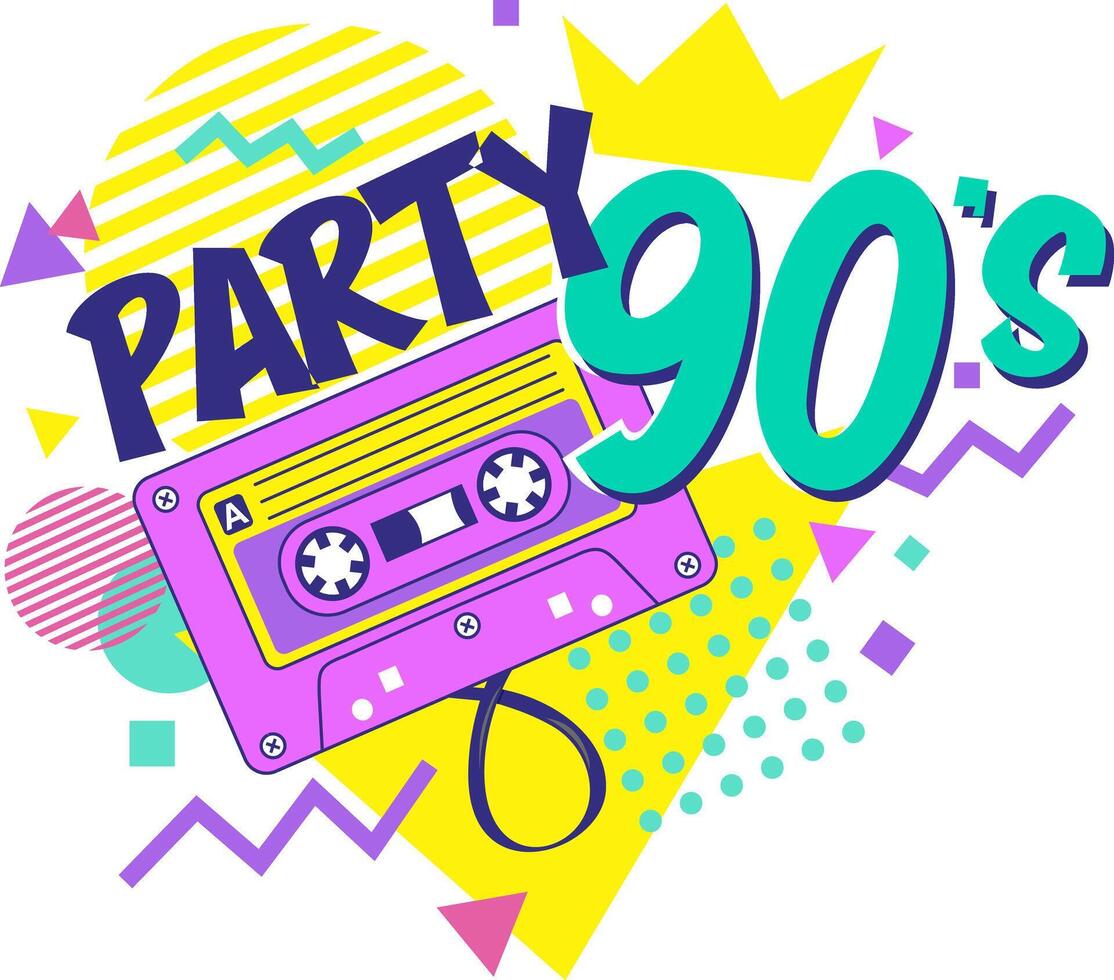 90s disco party poster. Nineties music hits, 90s dance night invitation and set of retro stereo tape style illustrations. Stereo poster and flyer 90s, dance music trend vector
