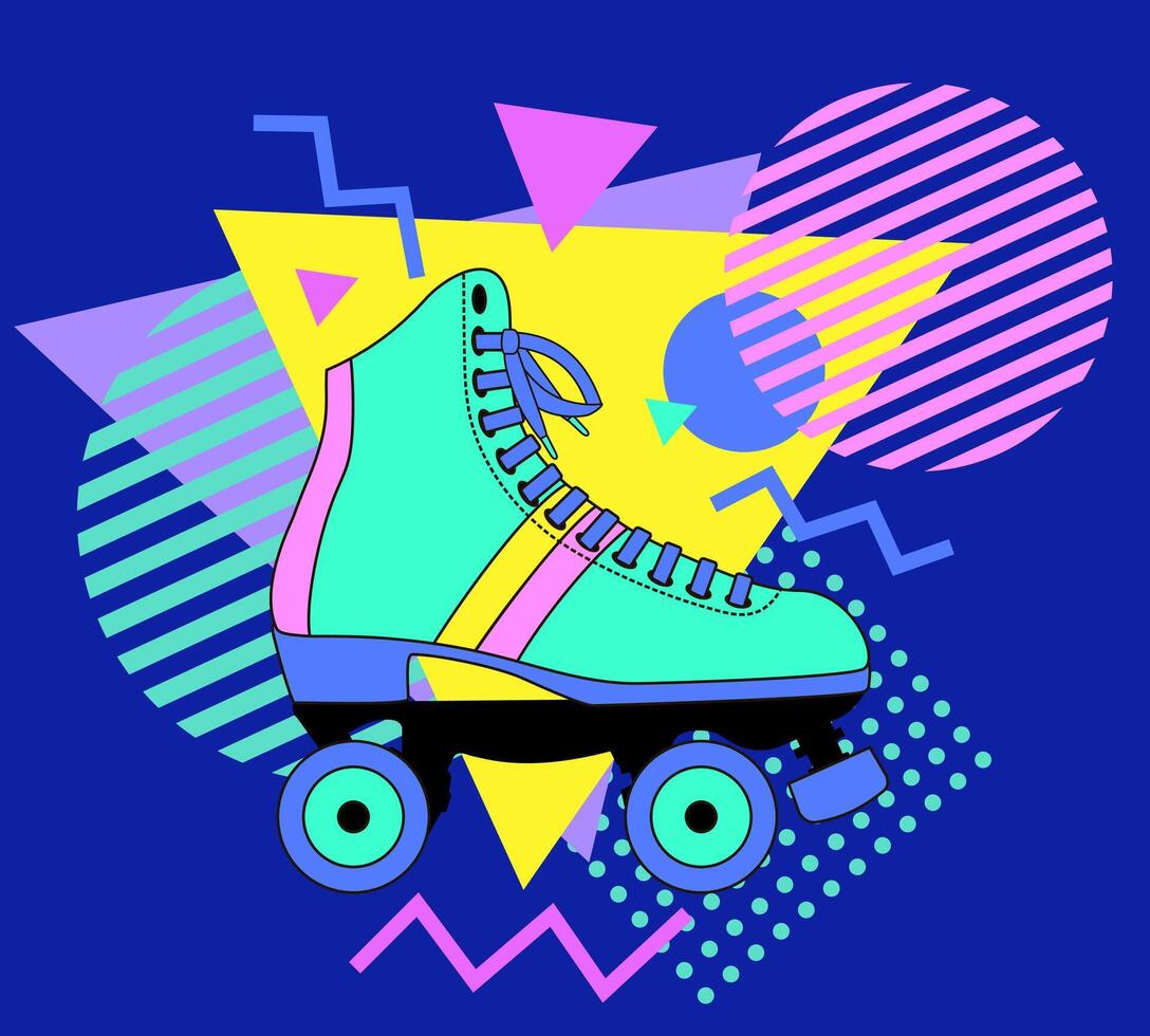 Retro roller skates 90s style poster. Pair of vintage, retro quad roller skates, sketch style. 1990s trendy illustration. Nostalgia for the 90s vector