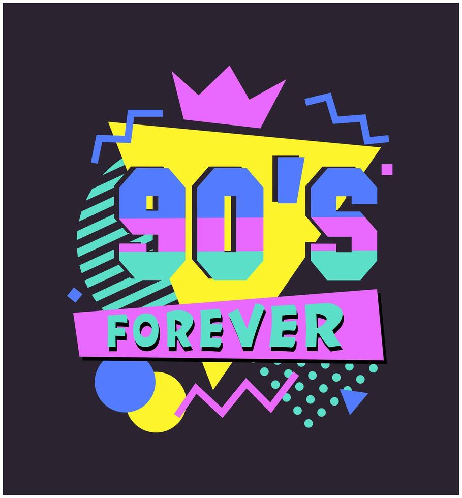 Colorful 90s logo flat illustration in pop art style. The 90s forever. Ninety years emblem numeral retro symbol isolated on a black background vector