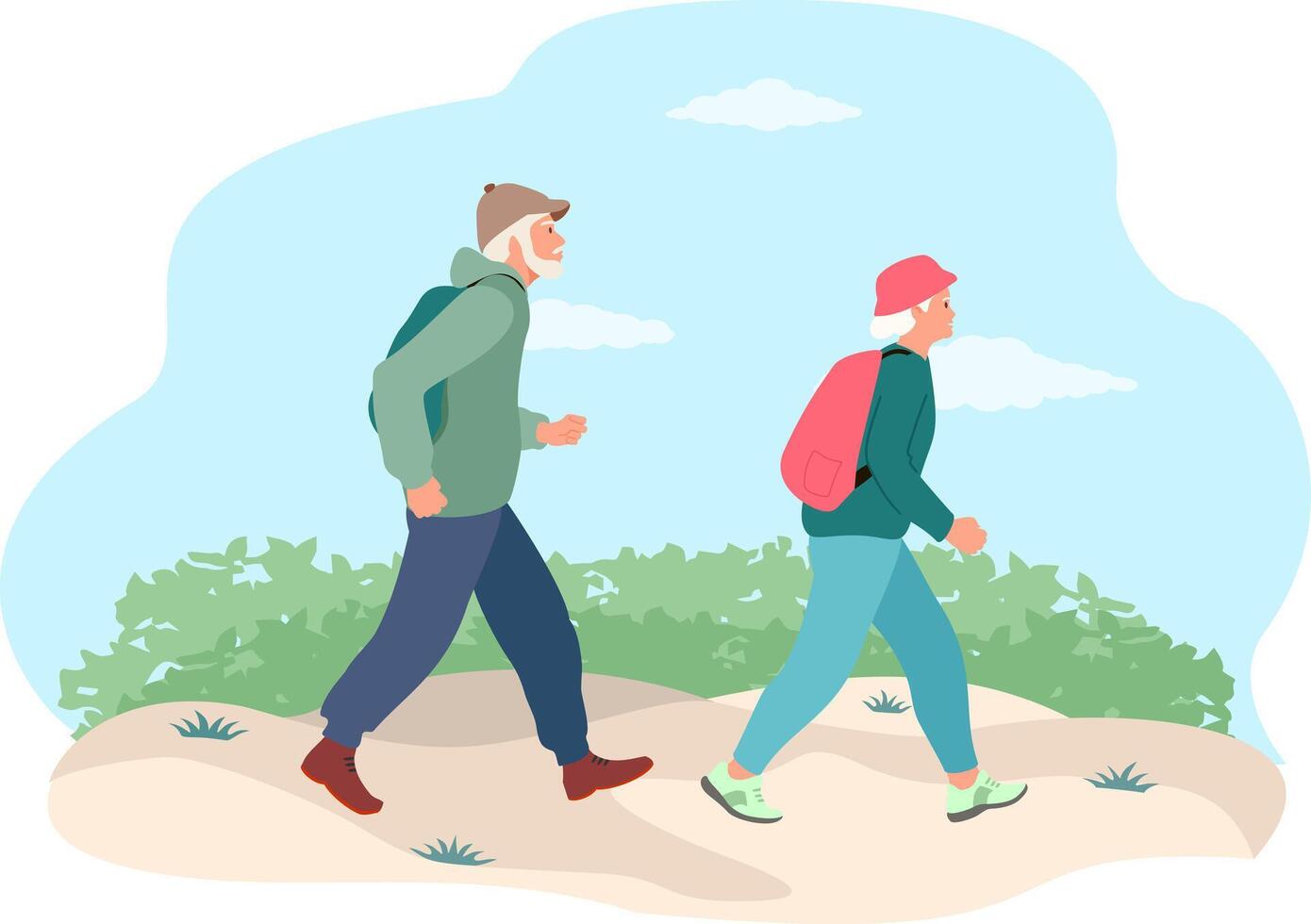 Elderly happy grandpa and grandma. Happy senior couple walking. Old people traveling together flat. Hiking, healthy lifestyle, active ageing concept for banner, website design vector