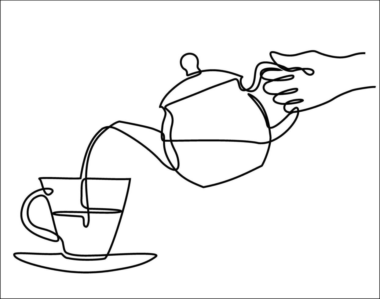 Continuous line drawing Tea cup and Teapot. Hand drawn linear silhouette icon. One line Logo. Tea house. The icon. Business card. vector