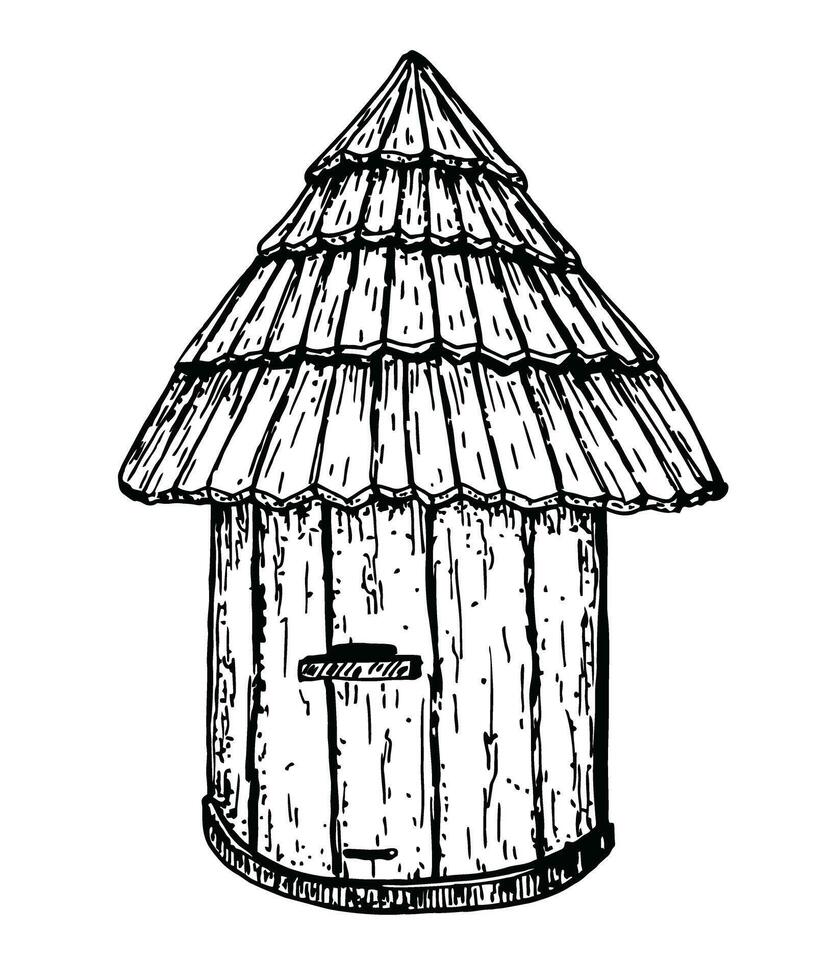 Wooden hive. Hand drawn sketch beekeeping, honey, bees. Illustration in a sketch style. Retro drawing vector