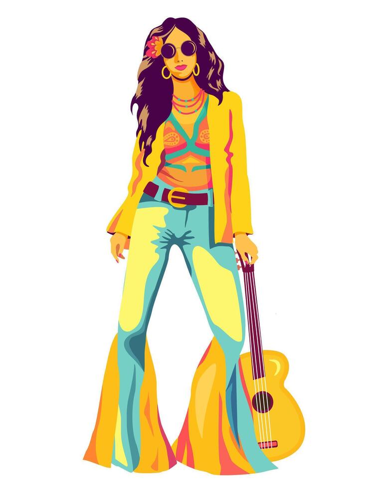 Hippie girl holding a guitar in his hand. Love and Music. A hippie girl with round glasses is wearing classic Woodstock sixties hippie subculture clothing. Hippy color retro illustration. vector