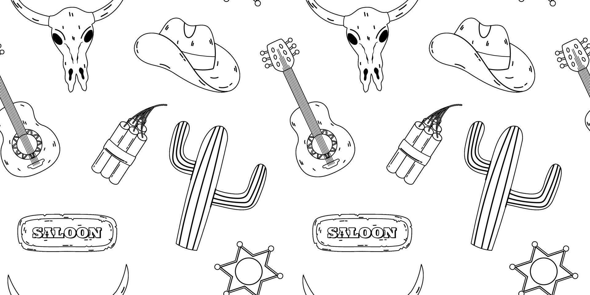 Seamless Wild West black and white pattern featuring cowboy hats, cacti, guitars, bull skulls, saloon signs, and sheriff badges. Outline design vector