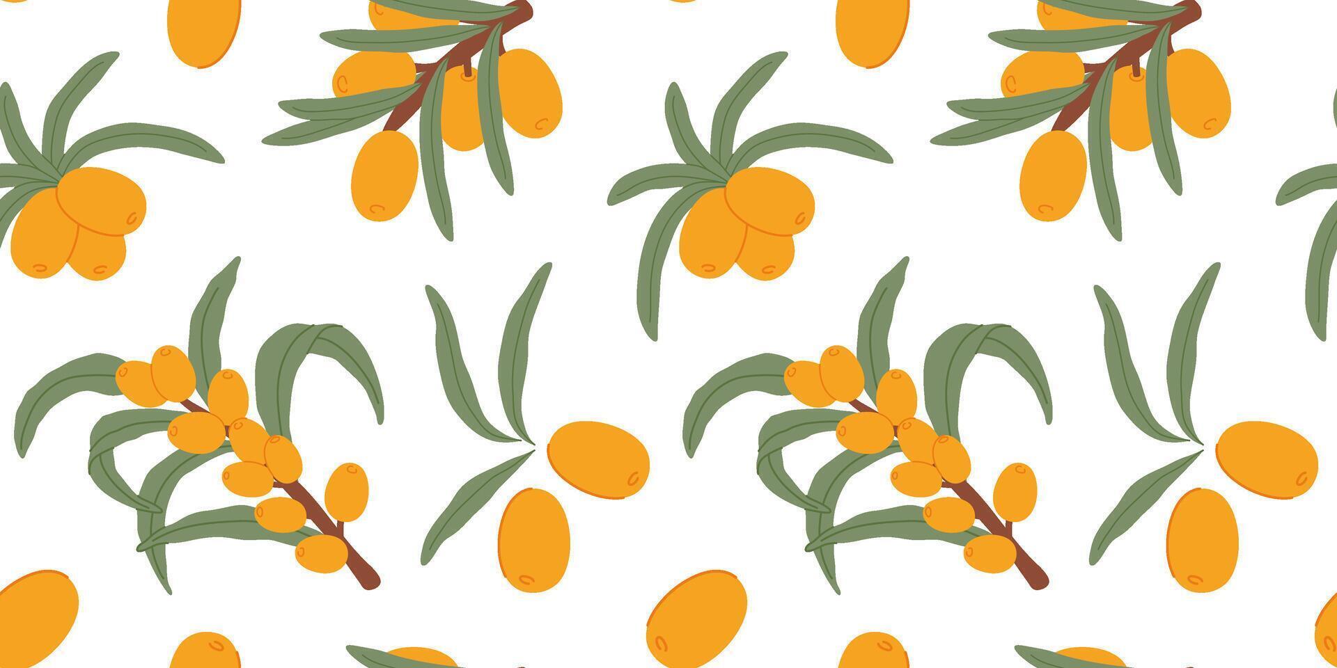 Seamless Sea Buckthorn Pattern with Branches and Leaves vector