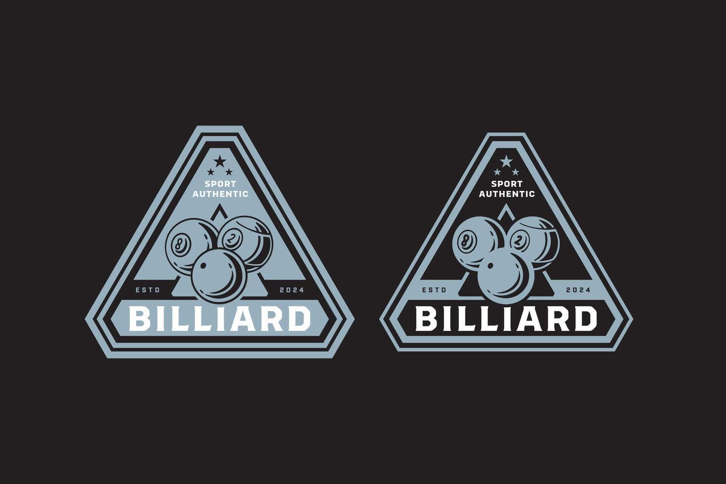 billiard cue ball, solid ball, stripes ball retro badge logo design for billiard sport club. triangle snooker pool balls vintage emblem logo collection for billiard snooker pool tournament vector
