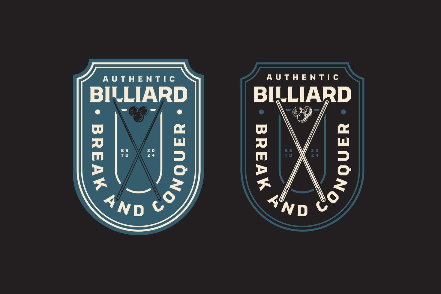 billiard pool cue crossed with balls retro badge logo design for billiard sport club. snooker stick crossed with billiard balls vintage emblem logo collection for billiard snooker pool tournament vector