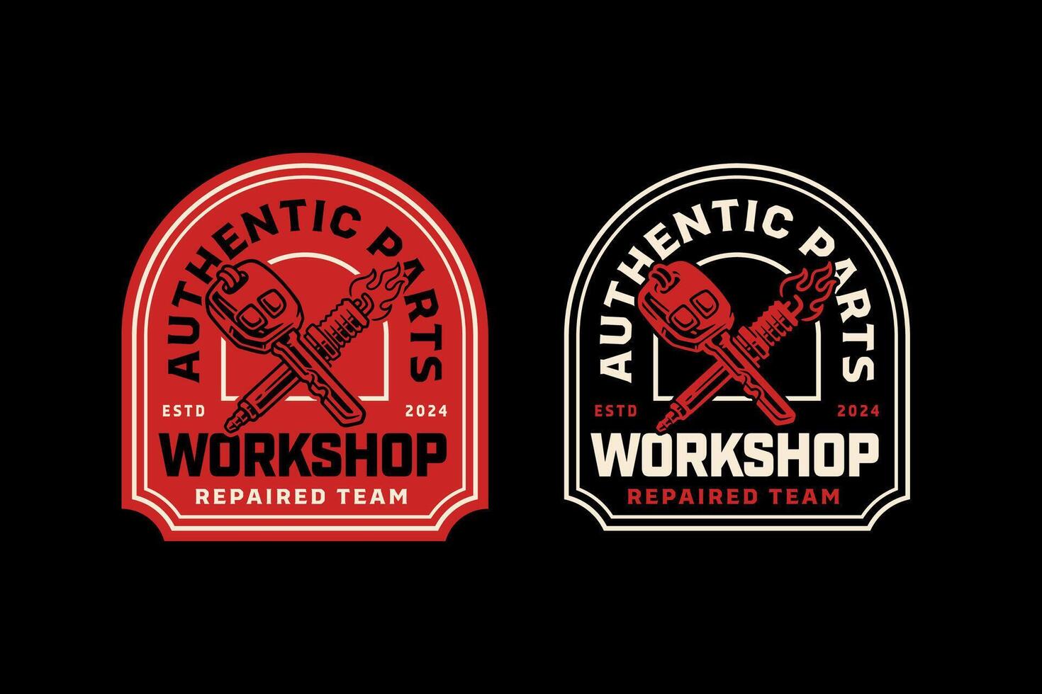 vehicle key with flame, sparking plug crossed retro badge logo design for garage, spare part, extreme sport. sparking plug with fire, key crossed emblem logo collection for racer, motorcycle, rider vector