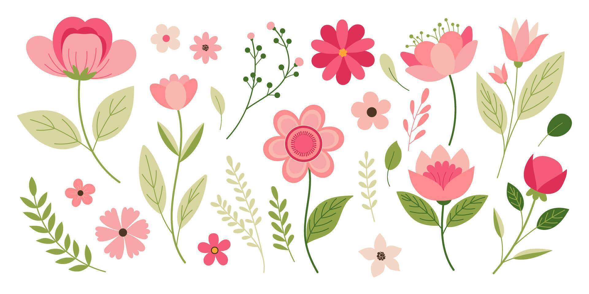 A row of flowers with a variety of colors and sizes. Some of the flowers are pink and some are green vector