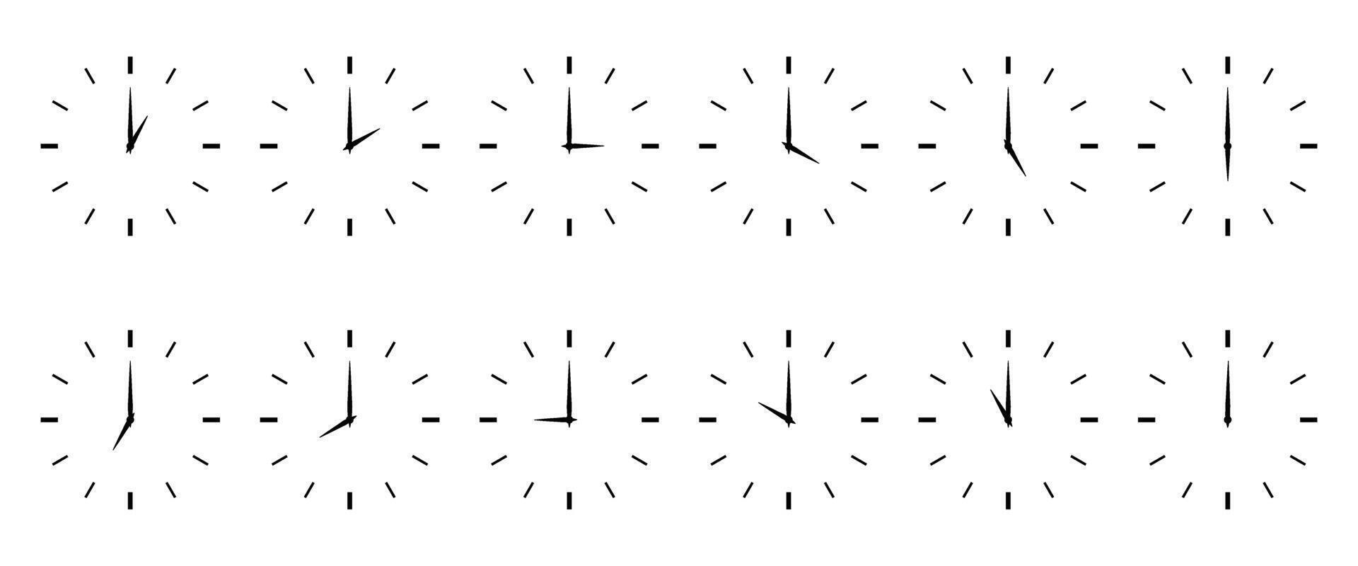 Set of clock icons. Time, stopwatch, clock. The hour hand shows 12 different full hours. Minimalistic style. vector