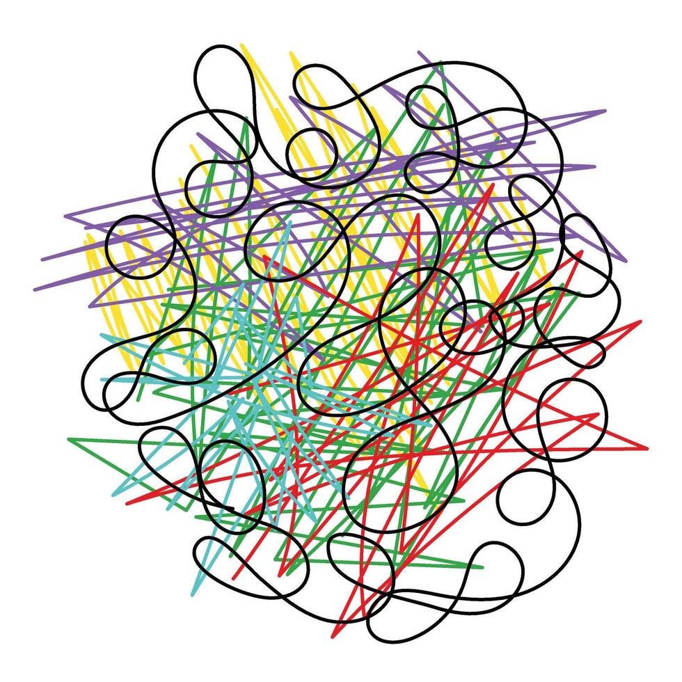 Multicoloured scribbles drawn with coloured lines. Intricate abstract scribbles. Hand drawn line of stress. Depression symbols. Shaded lines. vector