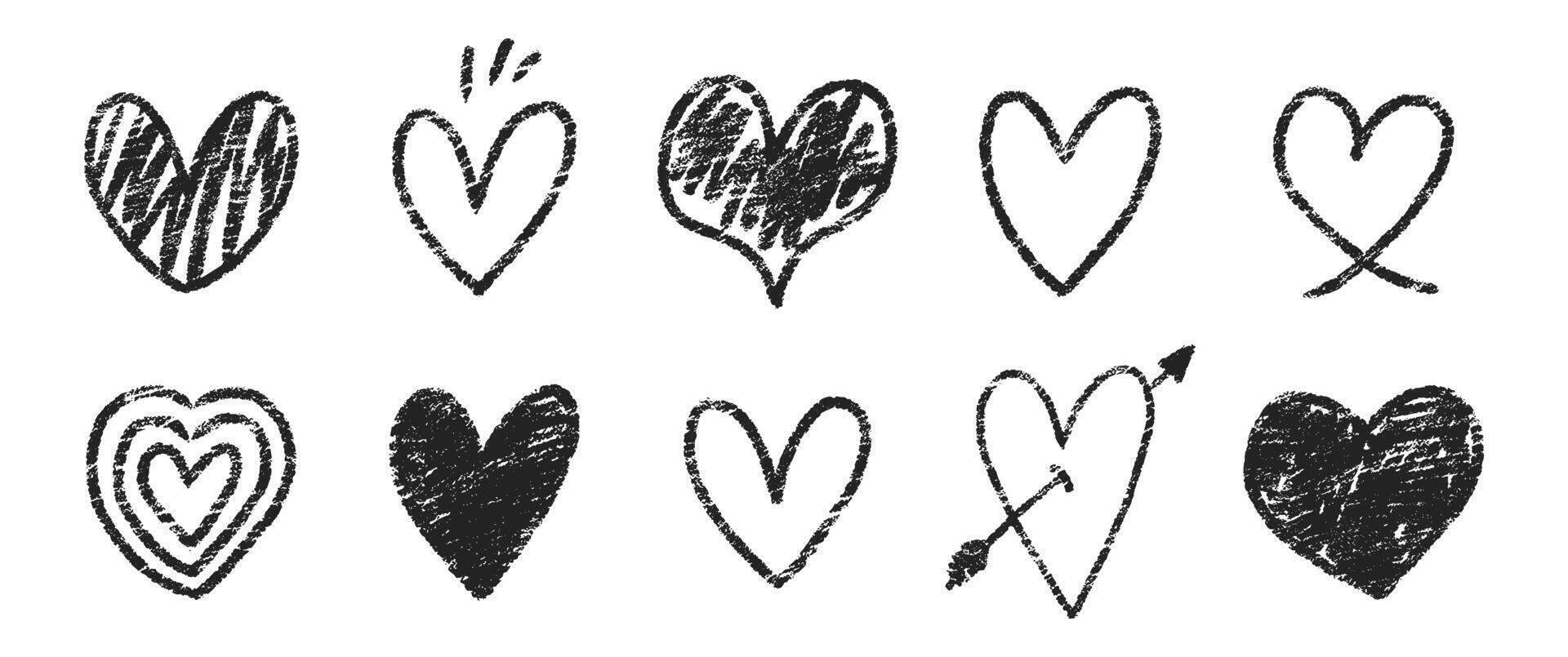 Set of hearts with chalk, pastel or crayon texture. Doodle illustration. vector
