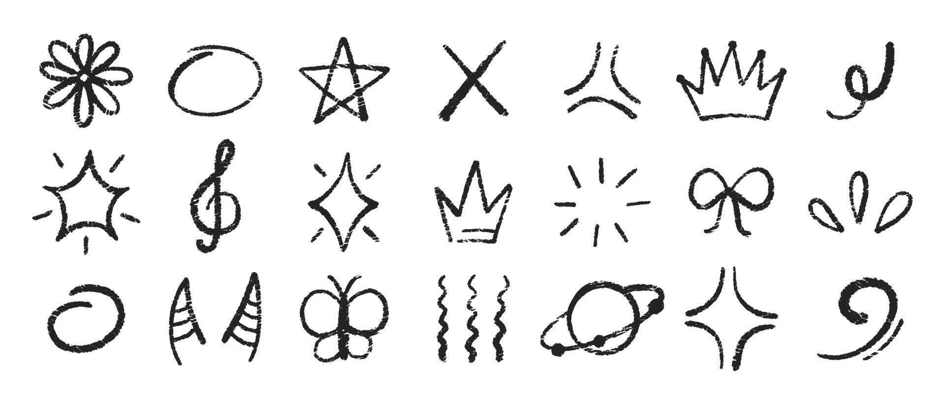 Set of star, flower and crown with crayon, chalk and pastel texture. Doodle illustration. vector