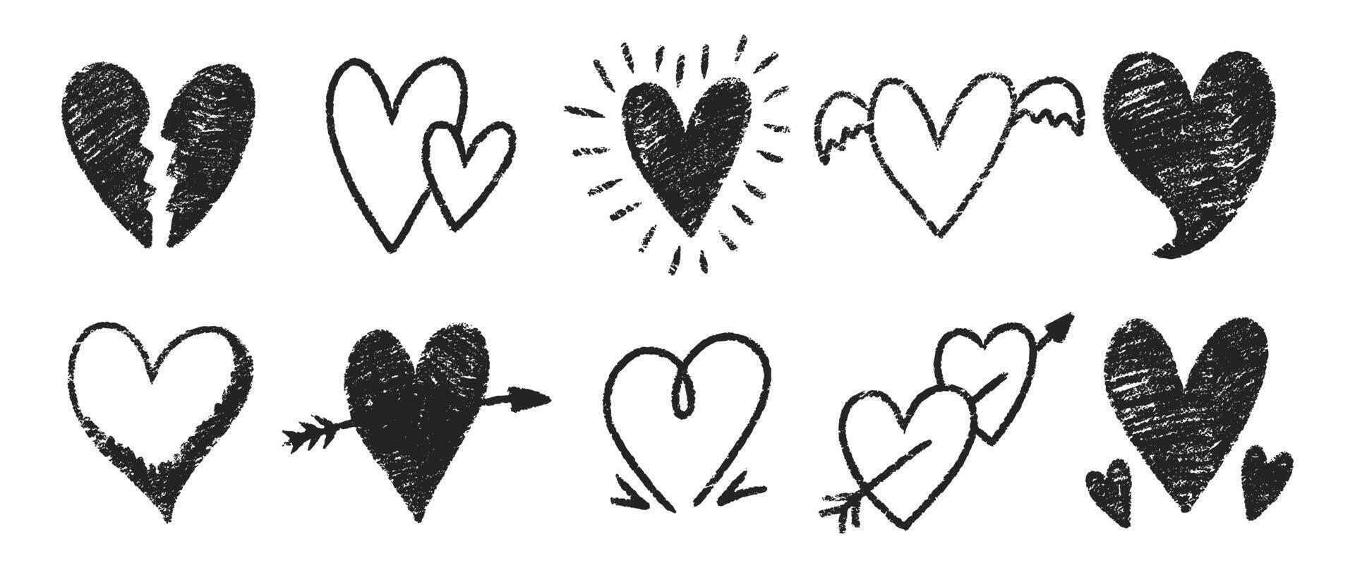 Set of hearts with chalk, pastel or crayon texture. Hand drawn illustration. vector