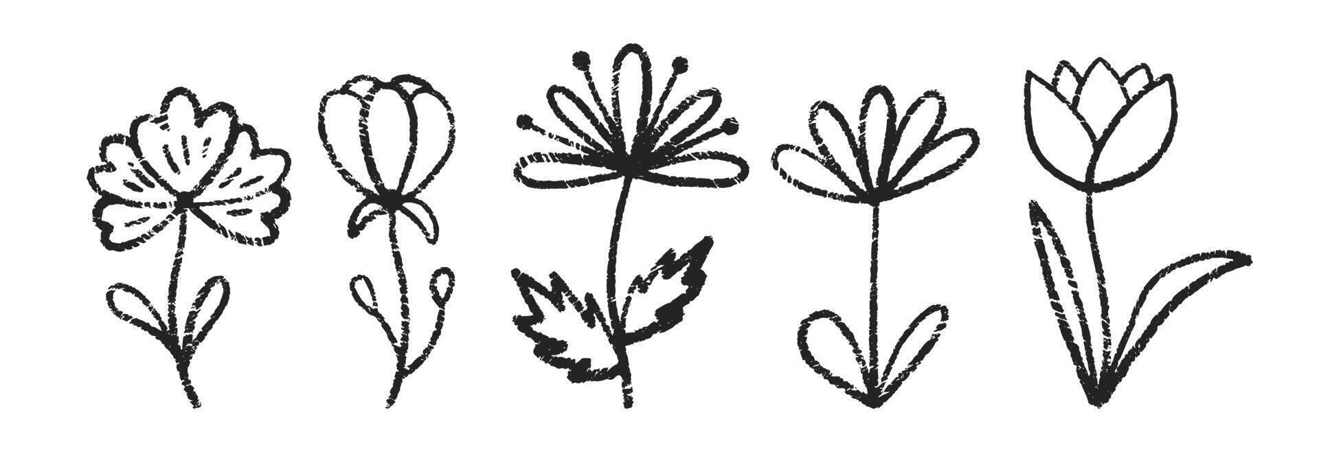 Set of flowers with chalk, pastel or crayon texture. Summer hand drawn illustration. vector