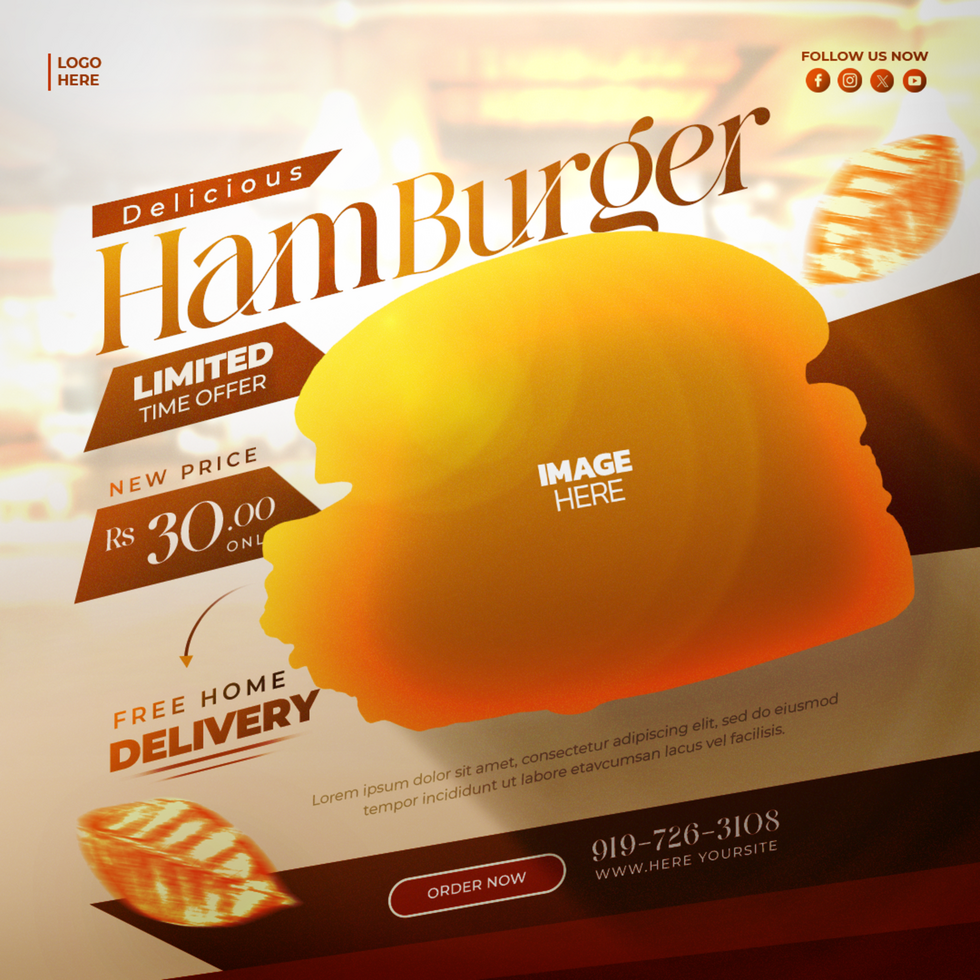 A hamburger restaurant flyer design with a golden background psd