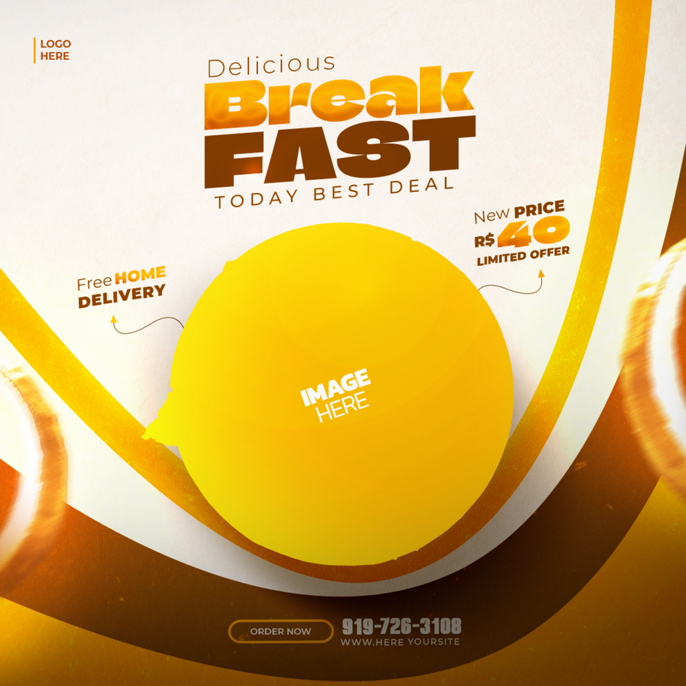 Breakfast food ad with orange background and text psd