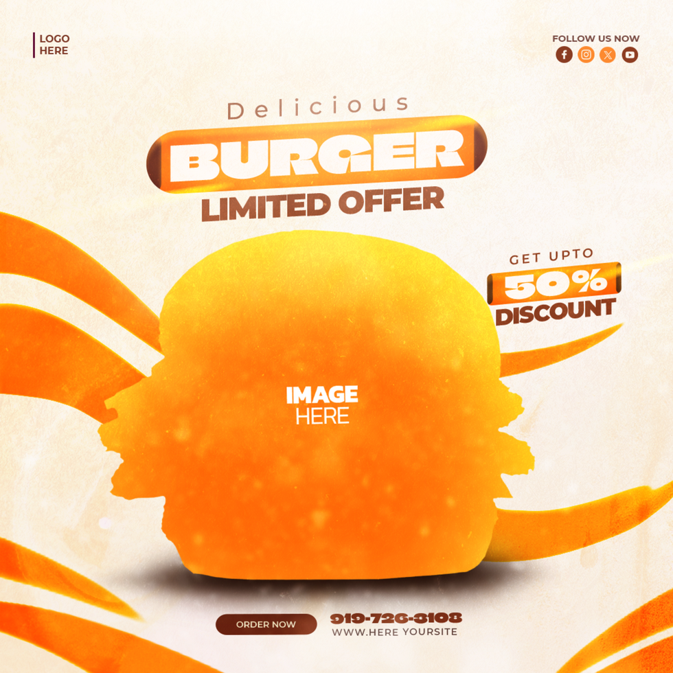 A burger advertisement with a large orange background psd