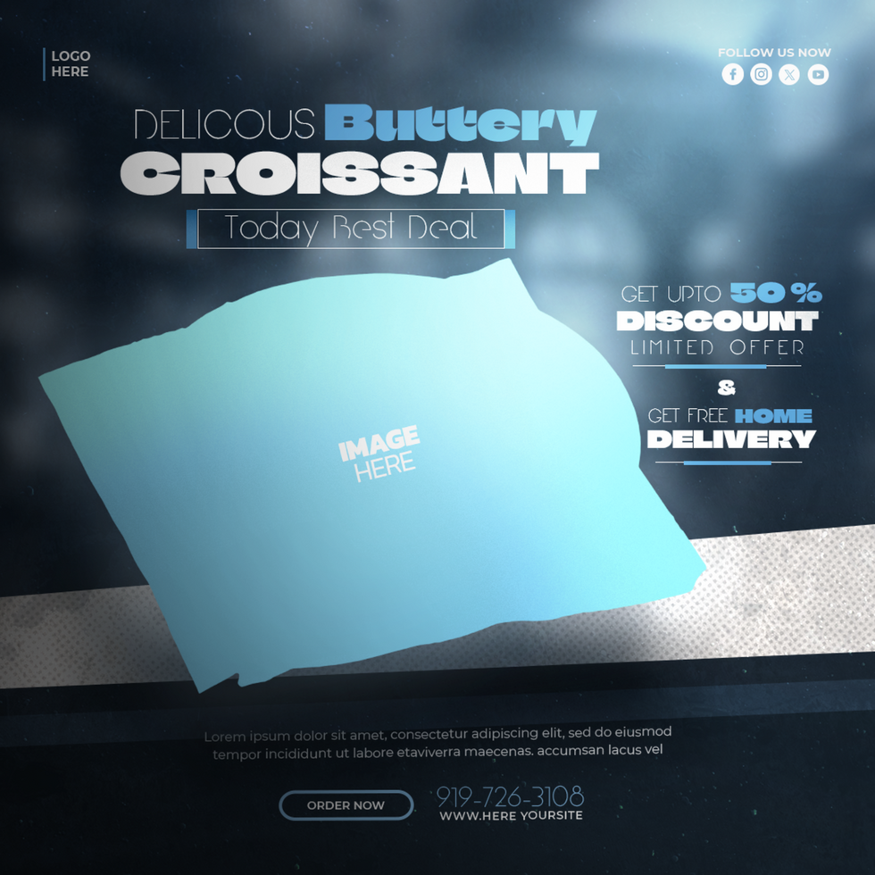 A blue and white flyer with the words nalouis buttery crissant psd