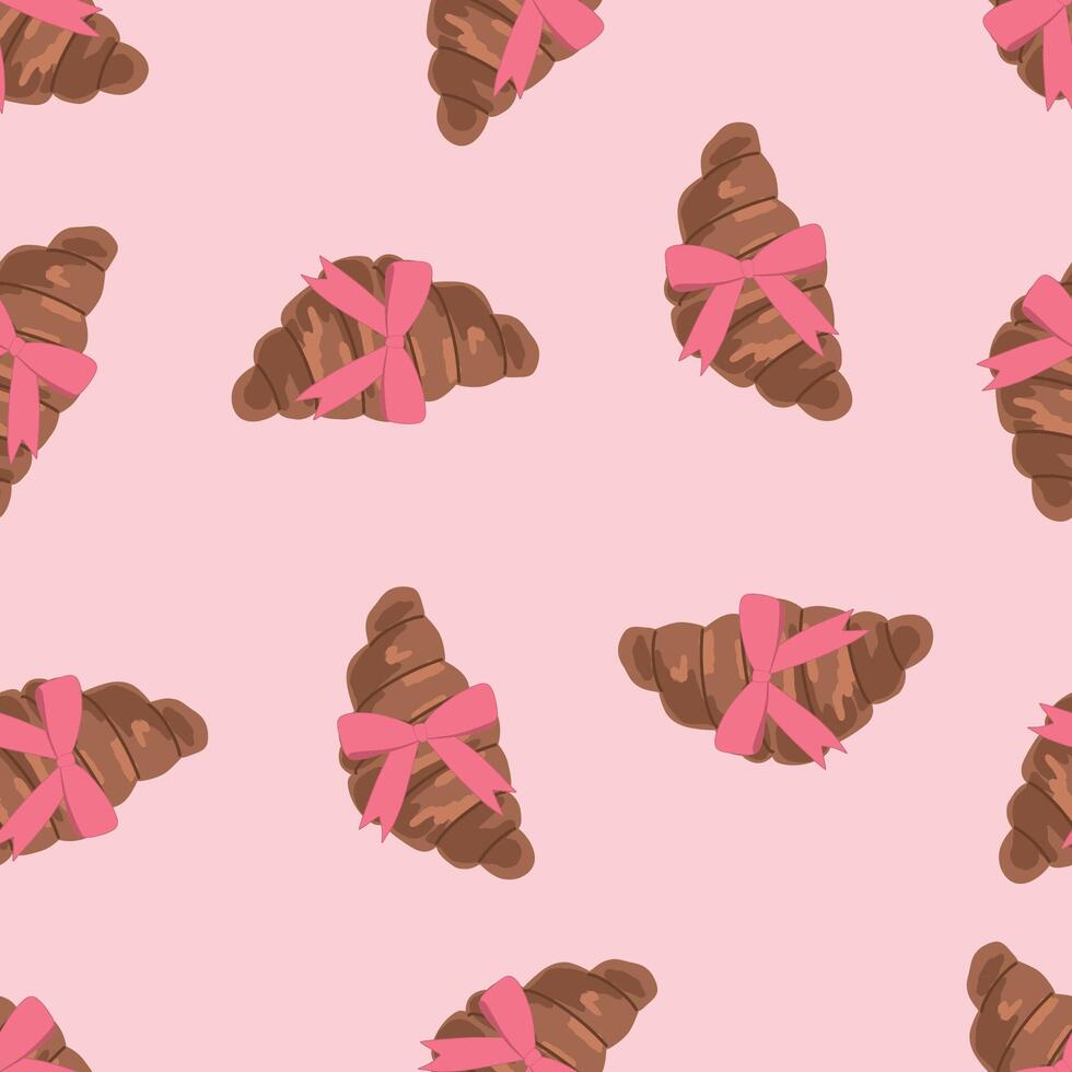 Croissant and pink bow seamless pattern. Cute girly design. Bakery and pastry. Hand drawn illustration vector