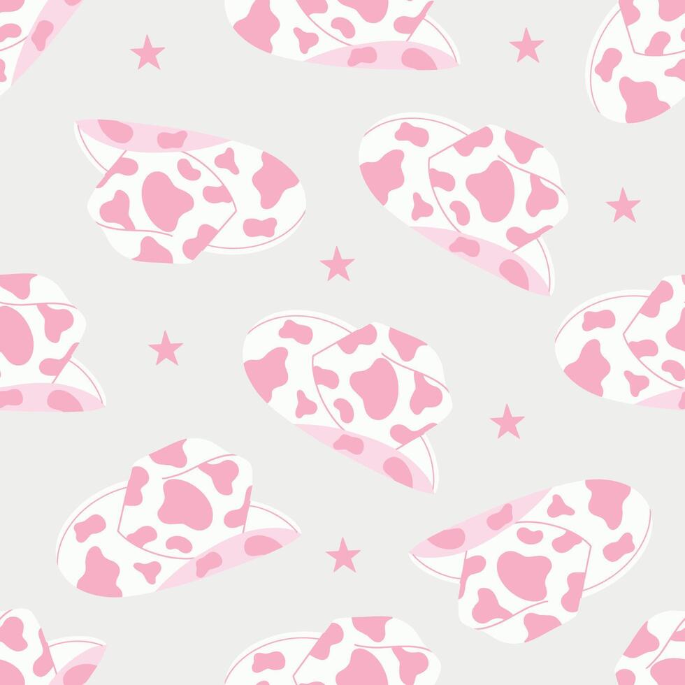 Seamless pattern with cowboy hat, stars. Trendy pink cowgirl hat with cow print. West word, western design. Hand drawn illustration vector