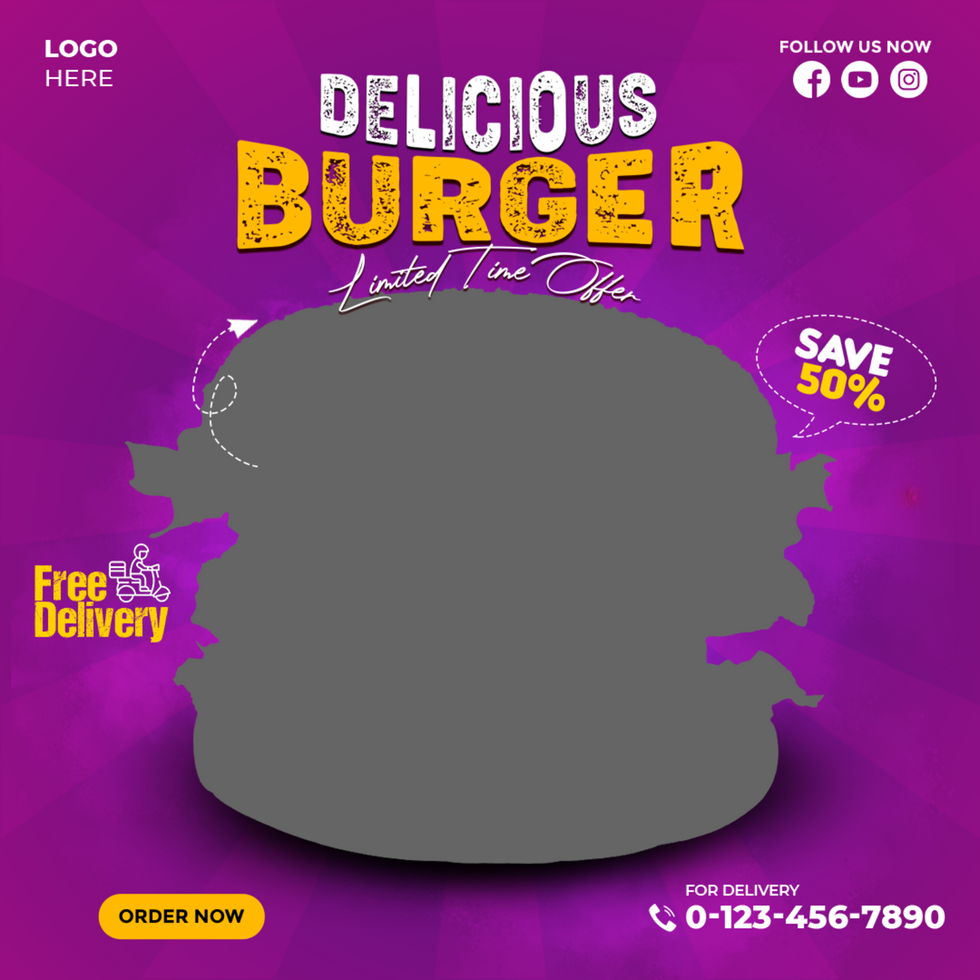 Delicious Burger Food Menu Post Social Banner Design Template psd