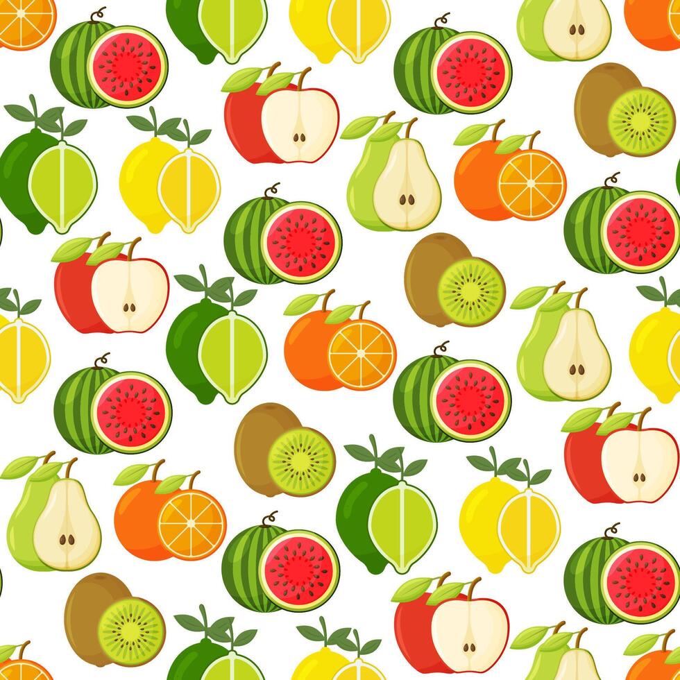 Seamless pattern with lemon orange lime kiwi apple pear watermelon. fruity background. vector