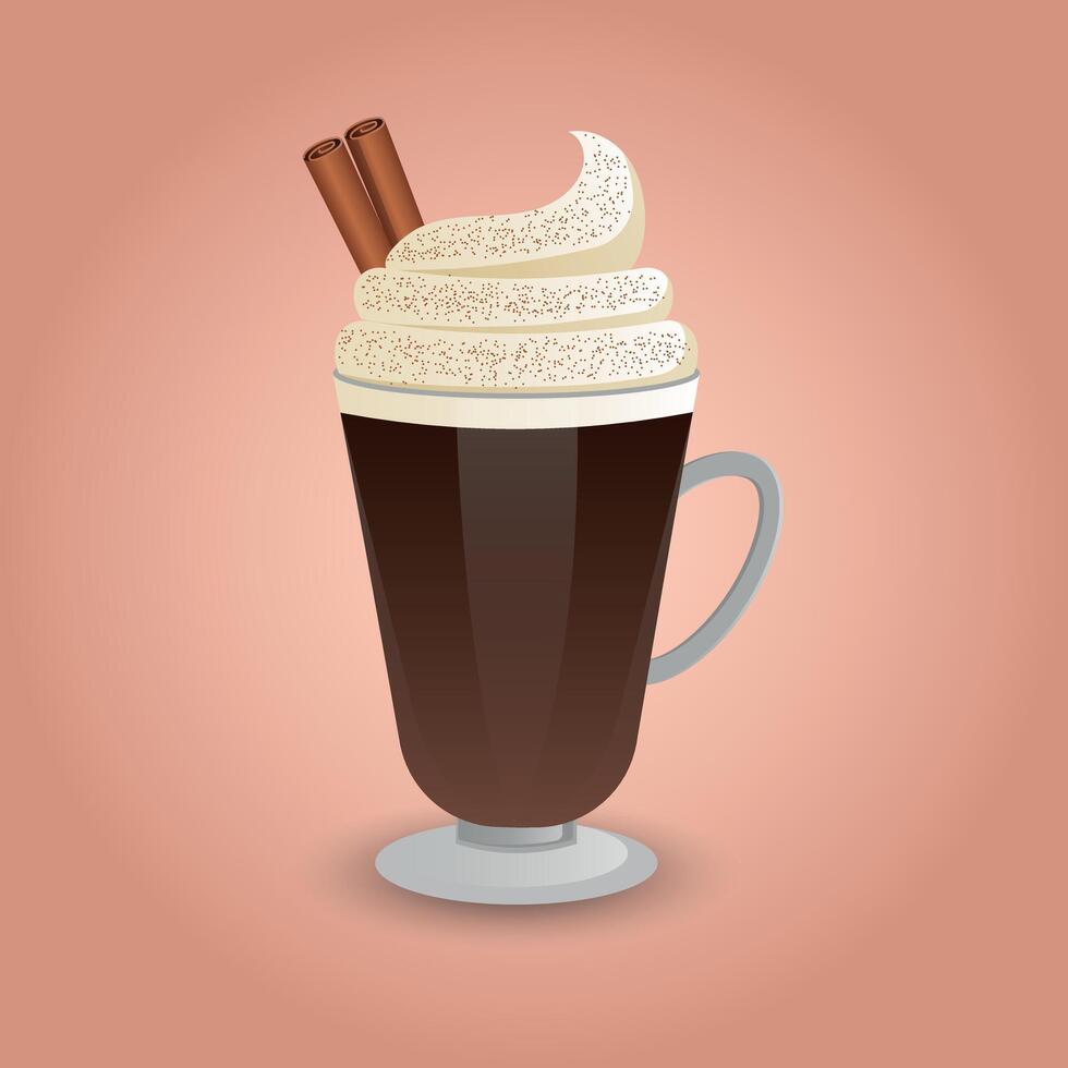 Glass of hot chocolate with cream and cinnamon. vector