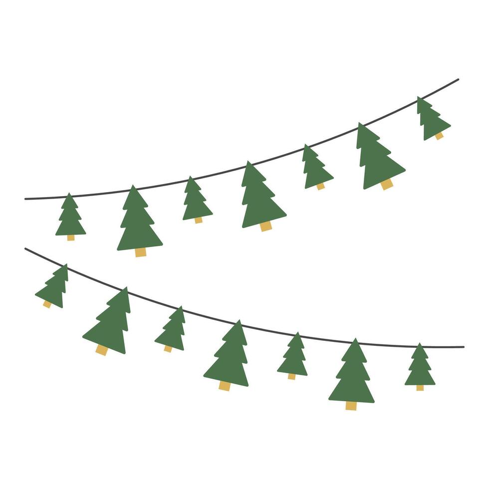 Festive Christmas Garlands with Stockings, Bells, Trees, and Gifts. New Year party lights and flags. vector