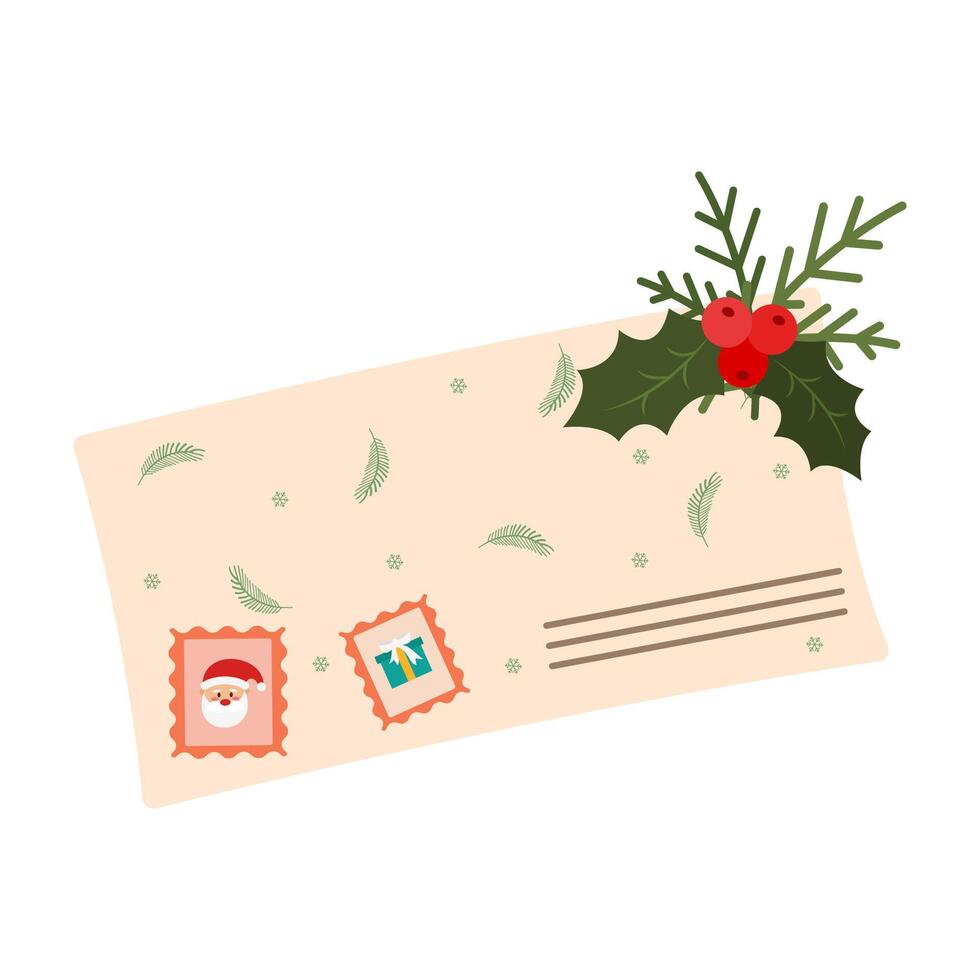 Christmas-Themed Envelope Illustrations. Flat Happy New Year Holiday card. vector