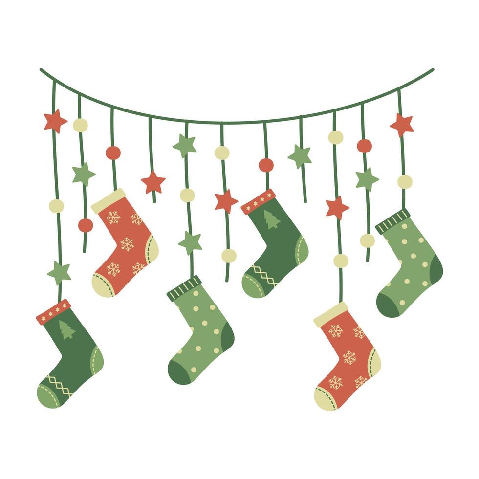 Festive Christmas Garlands with Stockings, Bells, Trees, and Gifts. New Year party lights and flags. vector