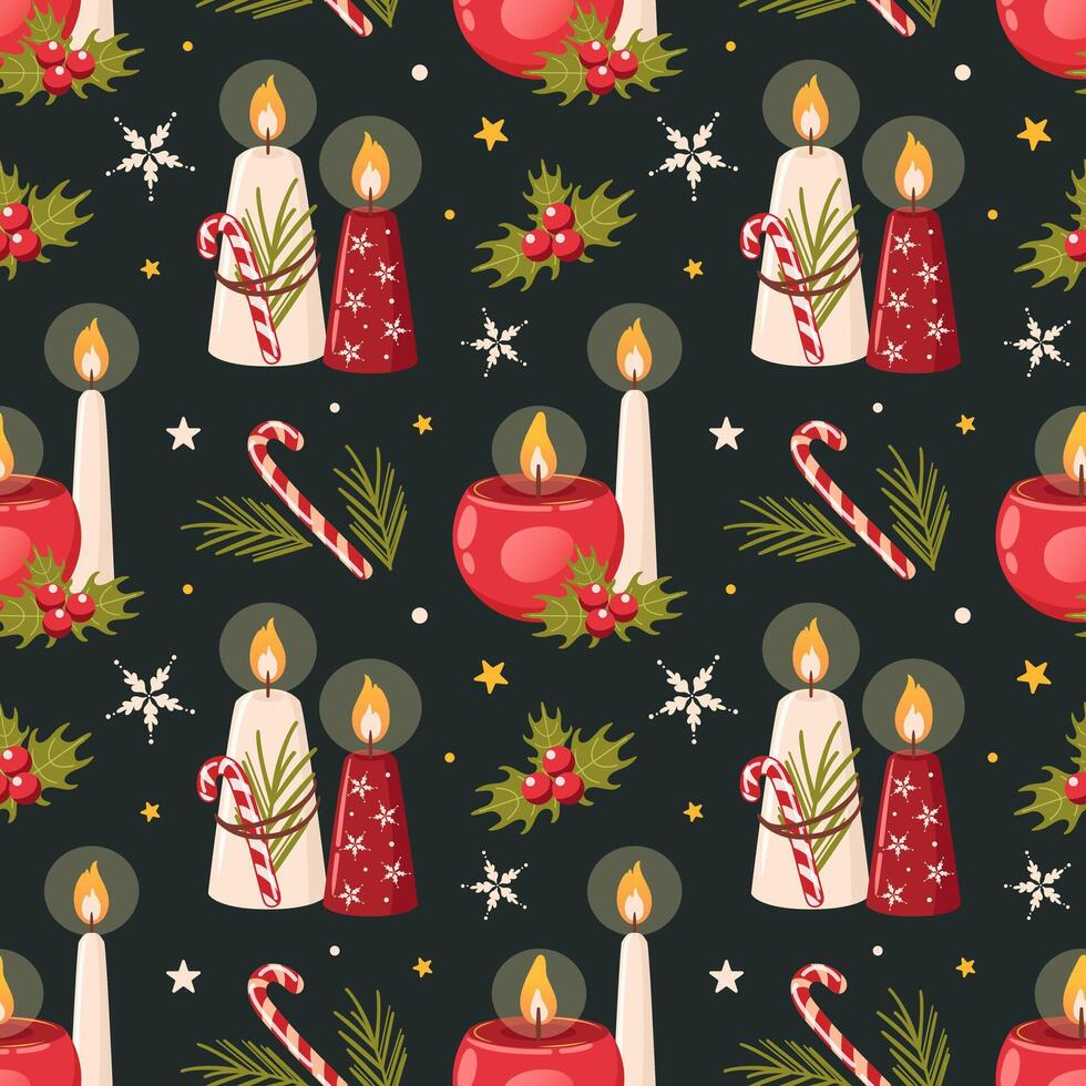 A vibrant and colorful seamless pattern featuring festive candles and holiday decorations galore. perfect for use in textiles, wallpaper, and seasonal decor. vector