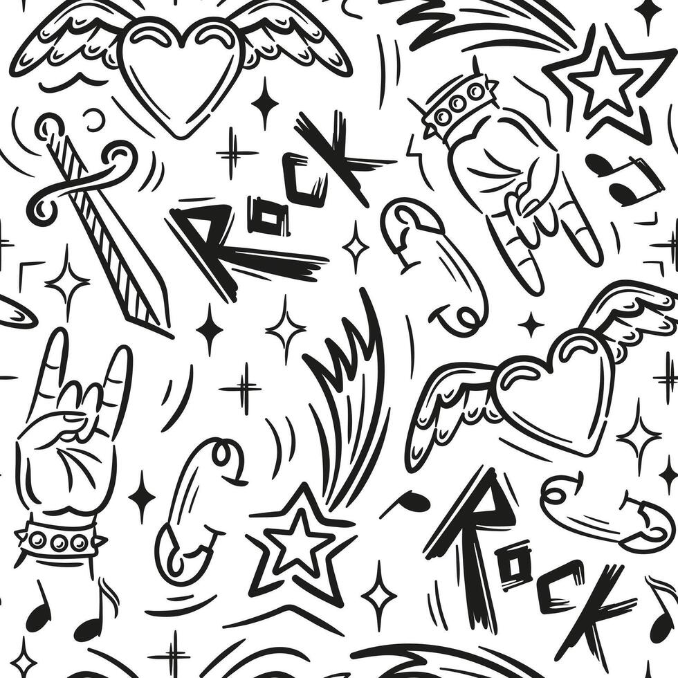 Seamless pattern with hard rock attributes. Informal subculture, freak. Sketch drawing, doodle style. Heavy metal, Music. For music festival, wallpaper, fabric, wrapping, background vector