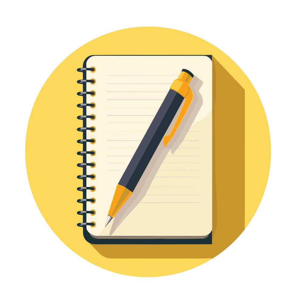 A pen resting on an open spiral notebook against a yellow circular background. vector