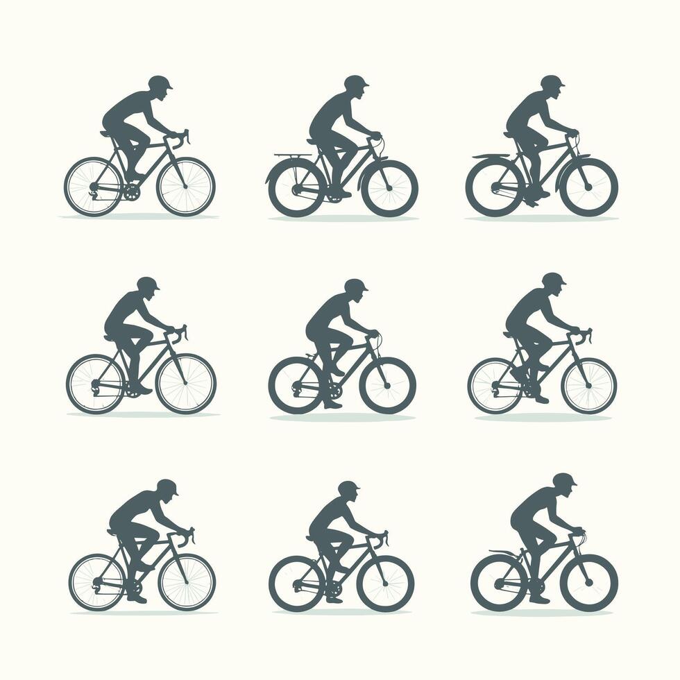 Silhouettes of cyclists in various poses showcasing different styles of bicycles against a neutral background. vector