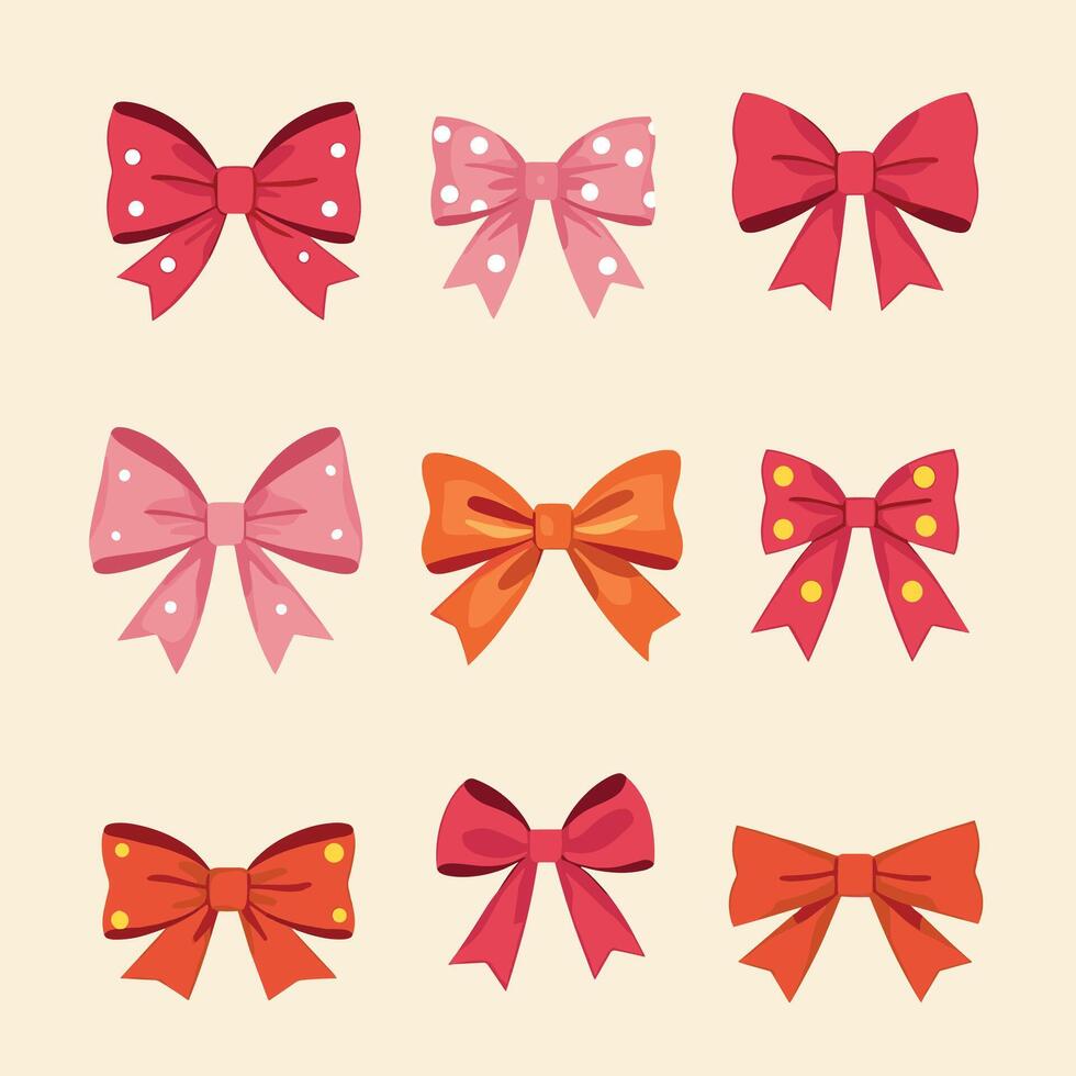 A collection of colorful bows in various designs and patterns on a light background. vector