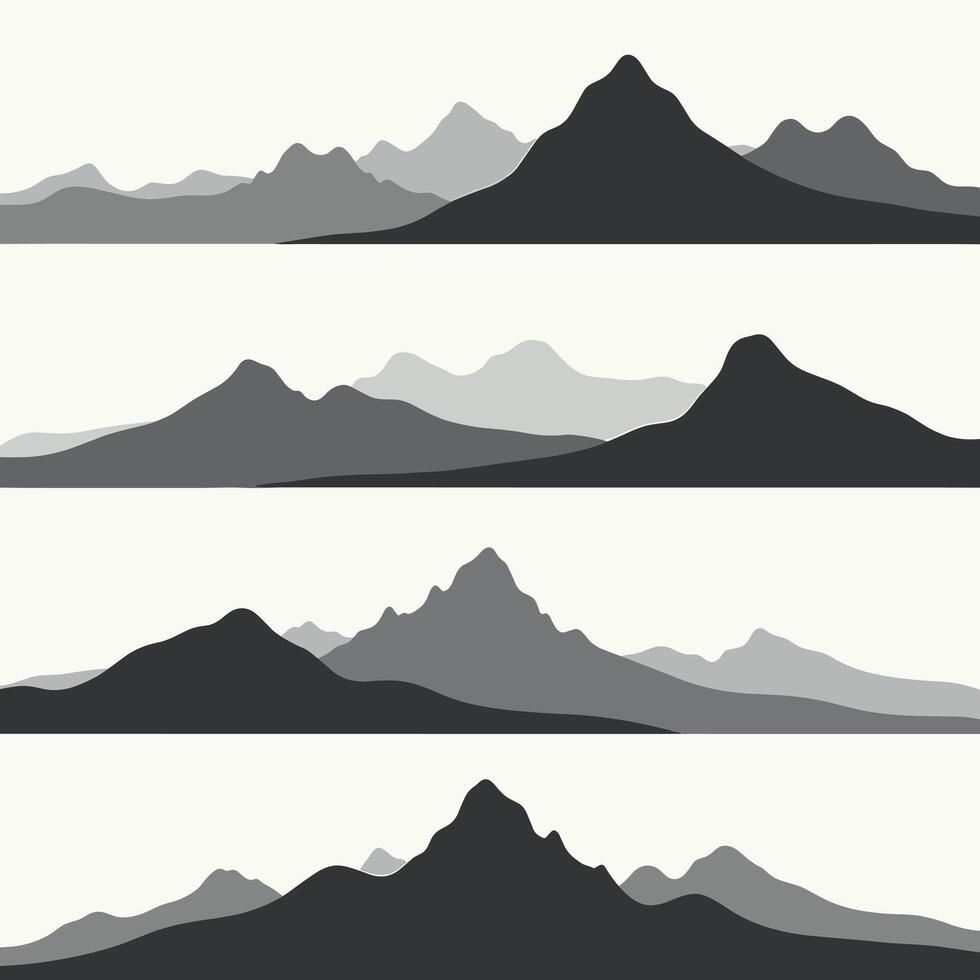 Layered silhouettes of mountains in shades of gray create a serene and minimalist landscape illustration. vector