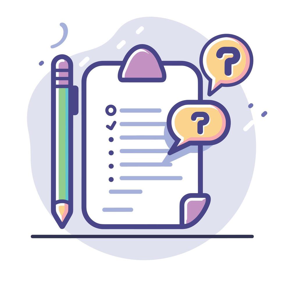 Illustration of a clipboard with checklists and speech bubbles containing question marks. vector