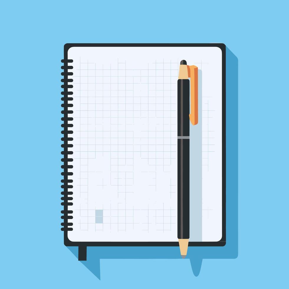 Open spiral notebook with a pen on a blue background. vector