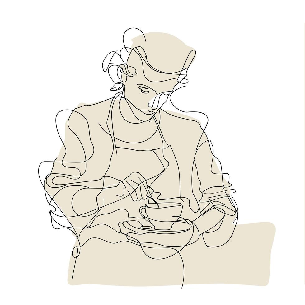 Abstract line drawing of a woman stirring a cup in a minimalist style. vector