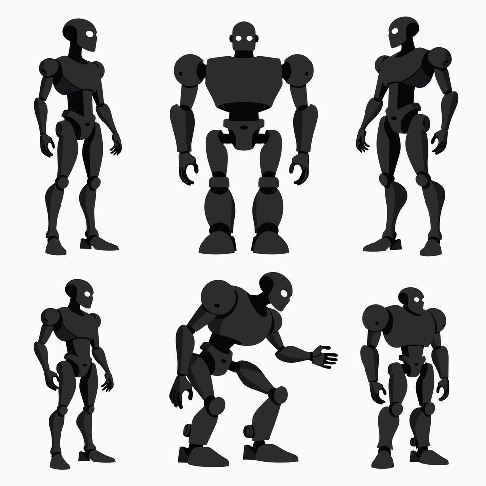 Collection of humanoid robot figures in various poses, showcasing their sleek design and futuristic aesthetic against a white background. vector