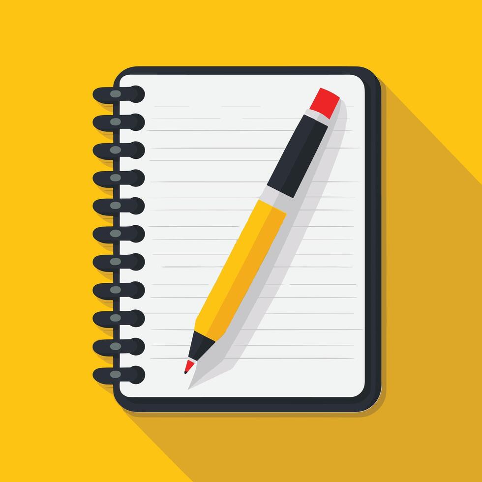 Yellow notepad with a matching pen on a bright yellow background. vector