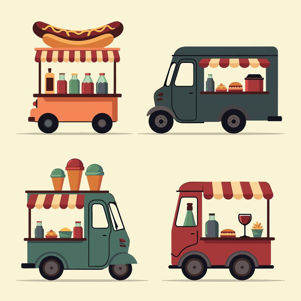 Illustration of four diverse food trucks serving hot dogs, pizza, ice cream, and drinks, showcasing vibrant colors and charming designs. vector