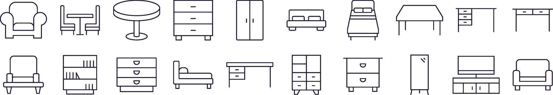 Pack of Line Icons of Table, Closet, Mirror, Chair and Table. Editable Stroke. Minimalistic Linear Pictogram for Design of Cards, Apps, Banners, Posts vector