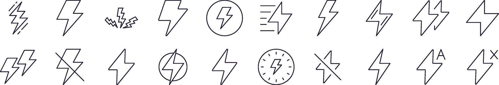 Lightning Outline Web Line Icons Collection. Editable Stroke. Minimalistic Linear Pictogram for Design of Cards, Apps, Banners, Posts vector