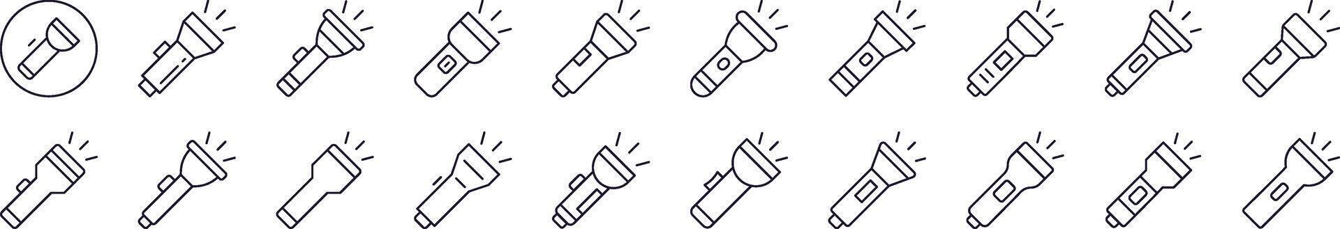 Collection of Line Icons of Flashlight. Editable Stroke. Minimalistic Linear Pictogram for Design of Cards, Apps, Banners, Posts vector