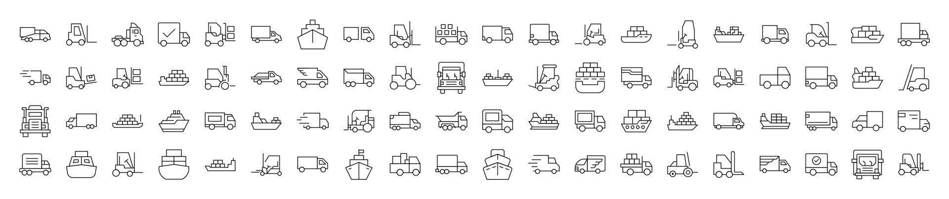 Set of Line Icons of Ship, Van, Tractor. Editable Stroke. Minimalistic Linear Pictogram for Design of Cards, Apps, Banners, Posts vector